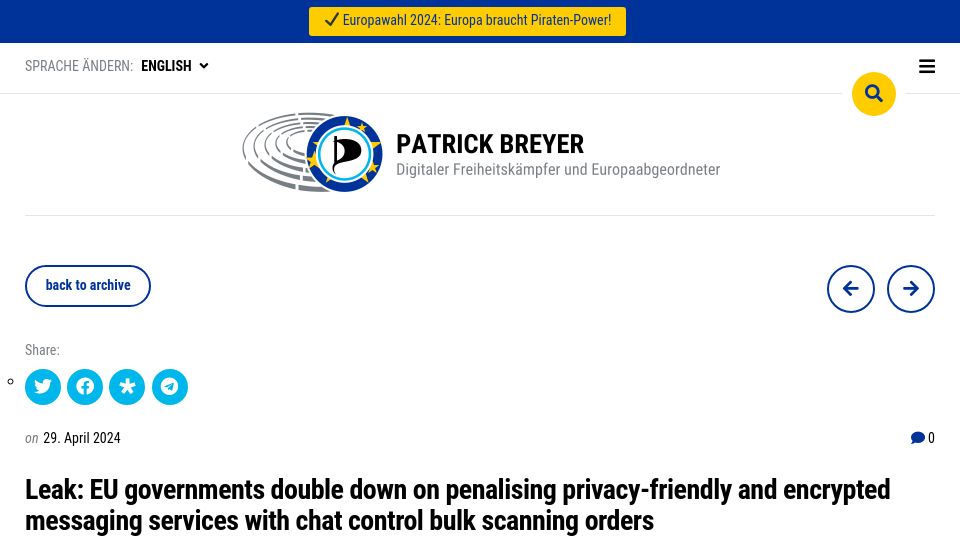 Screenshot of patrick-breyer.de: EU doubles down on penalising privacy-friendly and encrypted messaging services