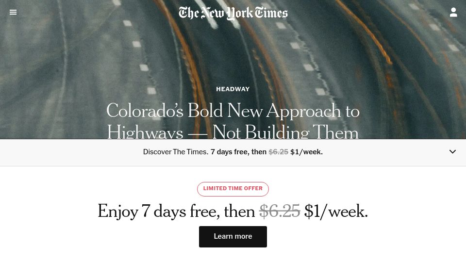 Screenshot of nytimes.com: In Colorado, an ambitious new highway policy is not building them