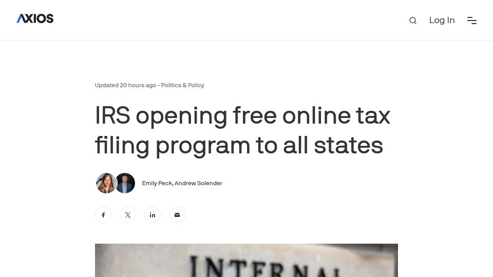 Screenshot of axios.com: IRS Direct File to open to all 50 states and D.C. for 2025 tax season