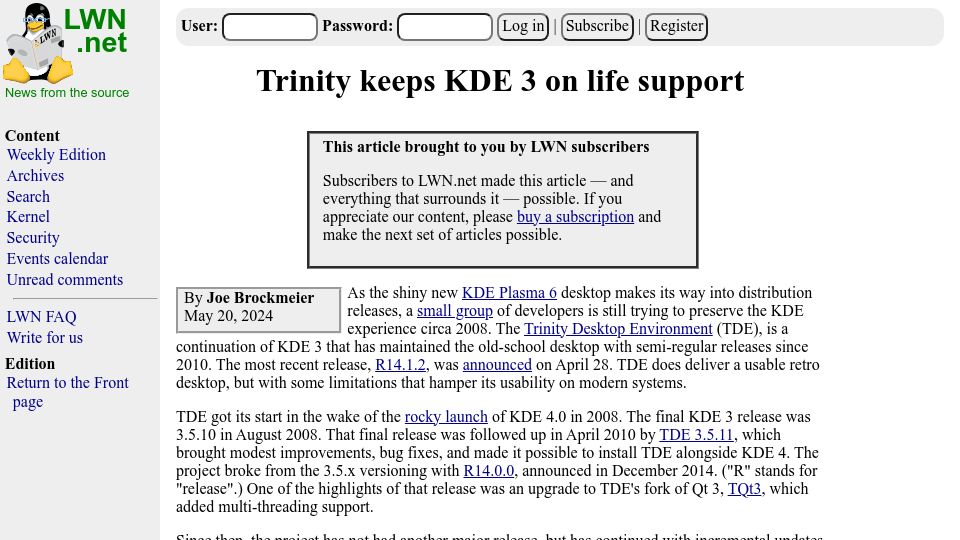 Screenshot of lwn.net: Trinity keeps KDE 3 on life support