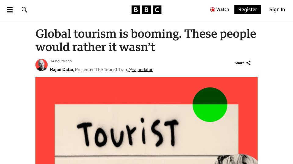 Screenshot of bbc.com: Global tourism is booming. These people would rather it wasn't