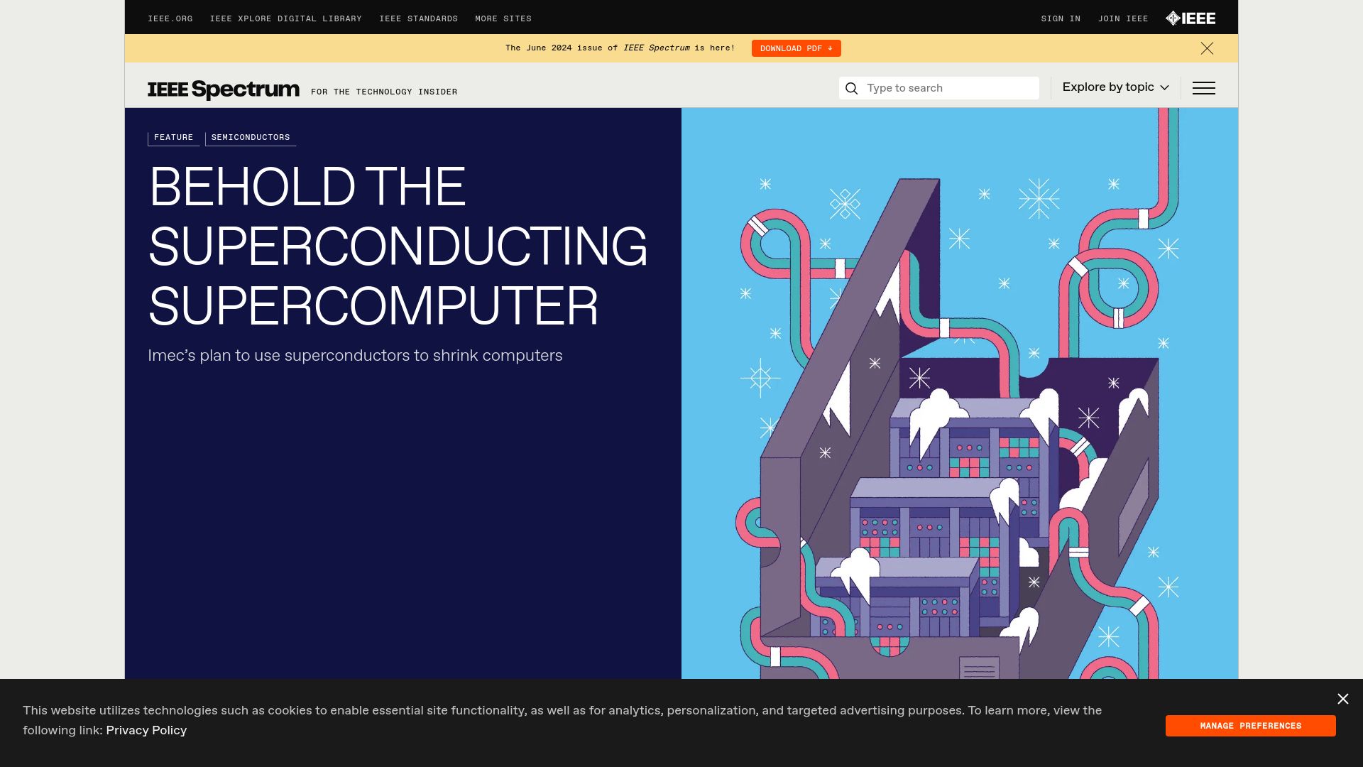 Screenshot of spectrum.ieee.org: Superconducting Computer: Imec's plan to shrink datacenters