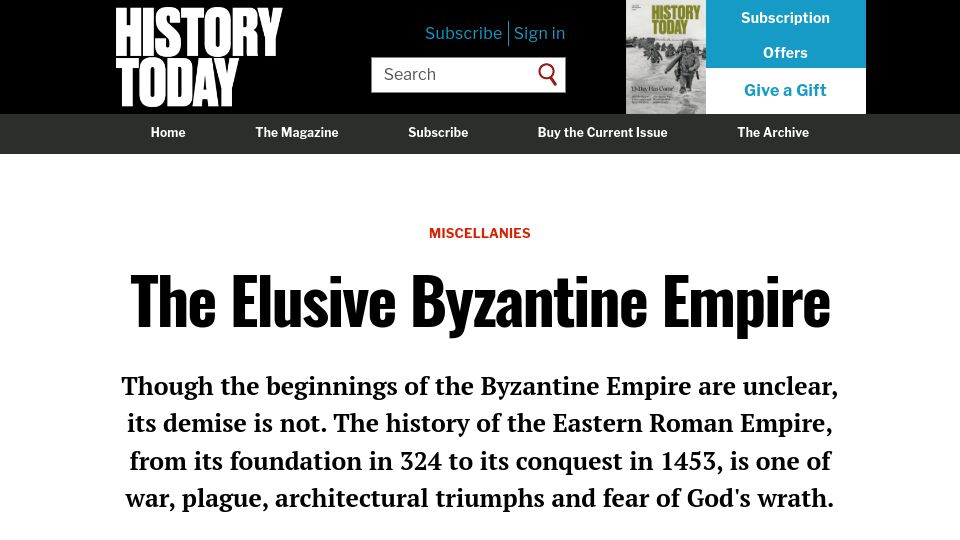Screenshot of historytoday.com: The Elusive Byzantine Empire (2019)