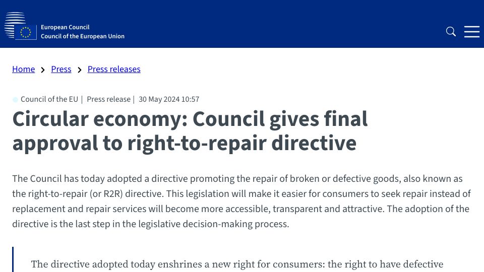 Screenshot of consilium.europa.eu: EU countries must implement right to repair laws within two years