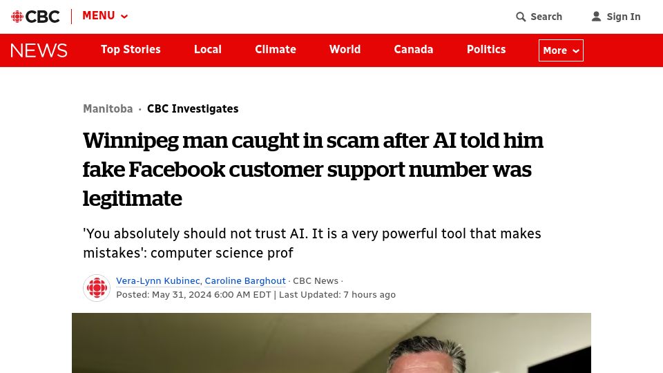 Screenshot of cbc.ca: Man scammed after AI told him fake Facebook customer support number was real