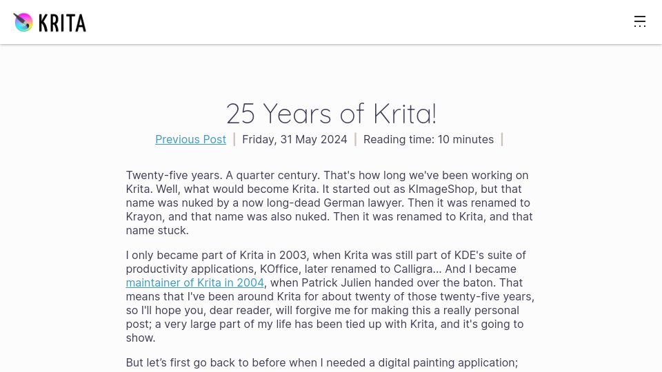 Screenshot of krita.org: 25 Years of Krita