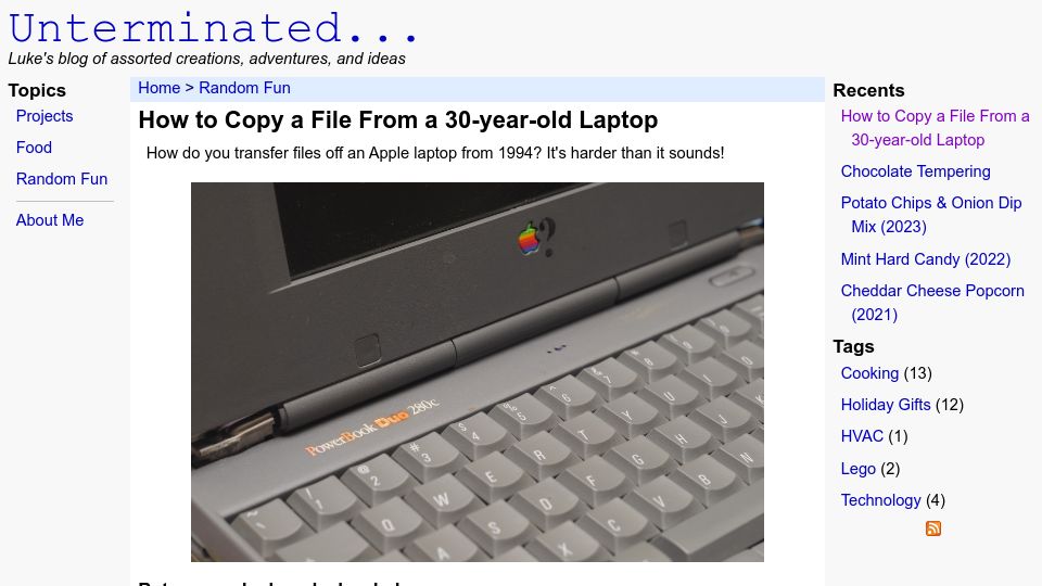 Screenshot of unterminated.com: How to copy a file from a 30-year-old laptop
