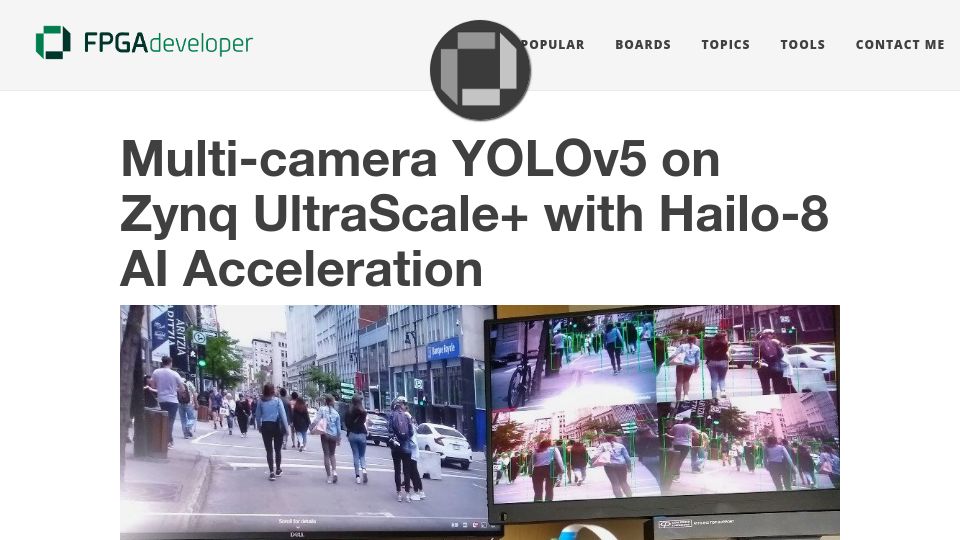 Screenshot of fpgadeveloper.com: YOLOv5 on FPGA with Hailo-8 and 4 Pi Cameras