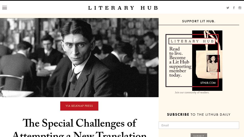 Screenshot of lithub.com: The Special Challenges of Attempting a New Translation of Kafka