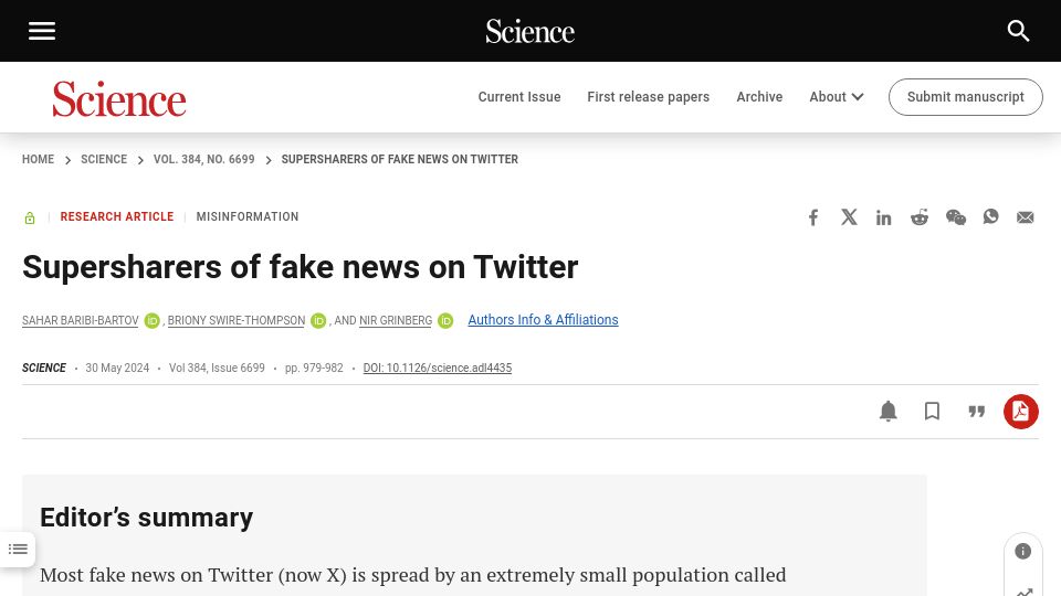 Screenshot of science.org: Supersharers of Fake News on Twitter