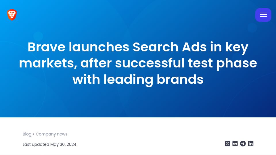 Screenshot of brave.com: Brave launches Search Ads in key markets after successful test phase