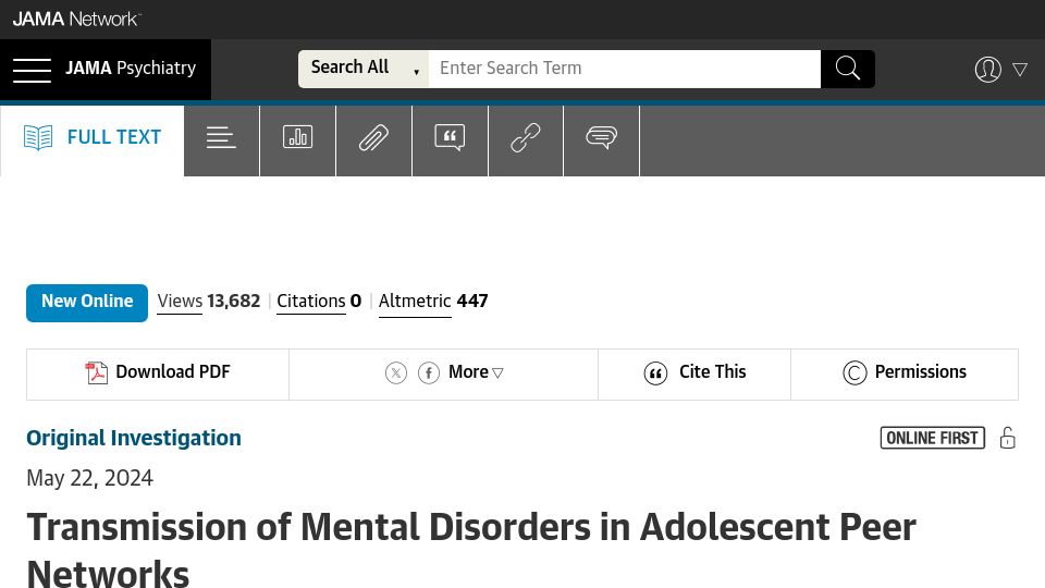 Screenshot of jamanetwork.com: Transmission of Mental Disorders in Adolescent Peer Networks