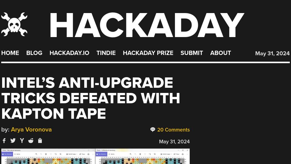 Screenshot of hackaday.com: Intel's anti-upgrade tricks defeated with Kapton tape