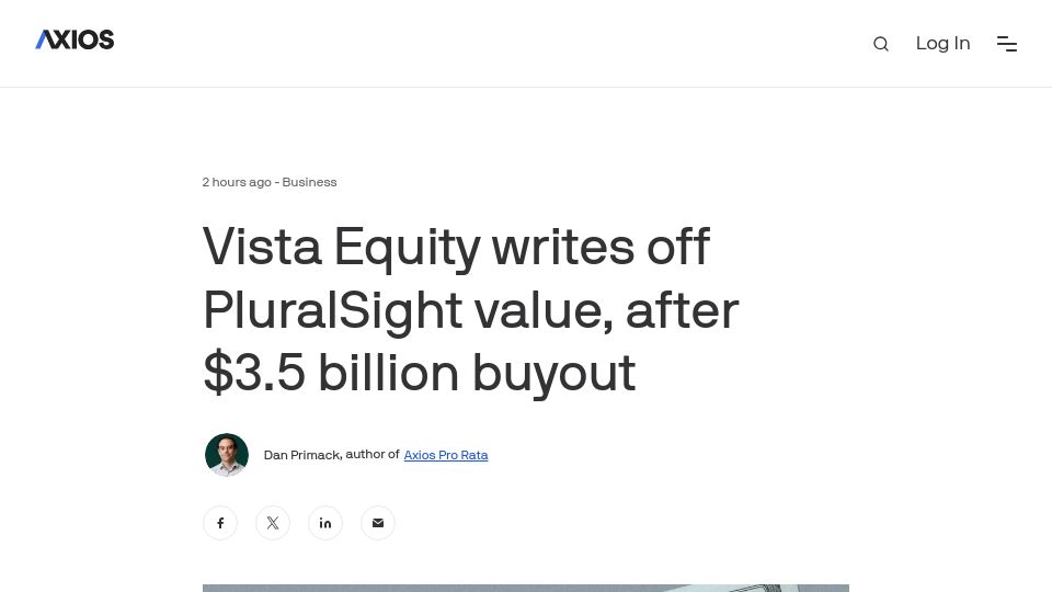 Screenshot of axios.com: Vista Equity writes off PluralSight value, after $3.5B buyout