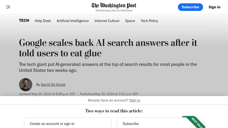 Screenshot of washingtonpost.com: Google scales back AI search answers after it told users to eat glue
