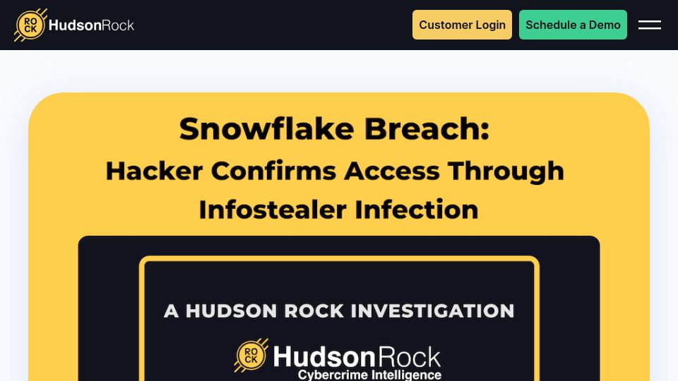 Screenshot of hudsonrock.com: Snowflake breach: Hacker confirms access through infostealer infection