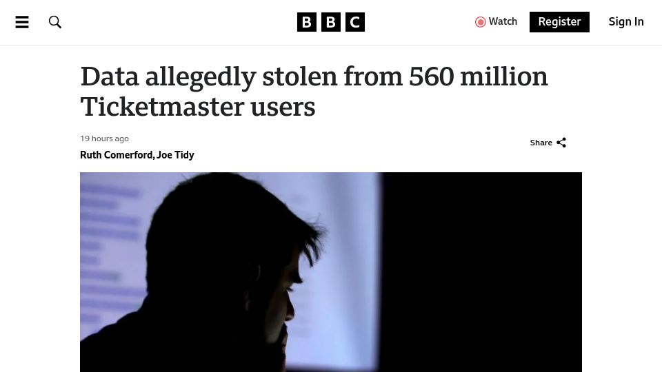 Screenshot of bbc.com: Data allegedly stolen from 560M Ticketmaster users