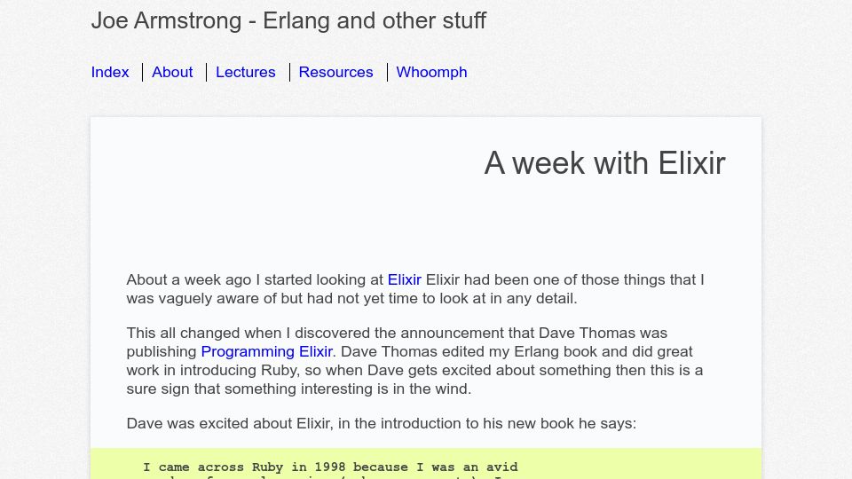 Screenshot of joearms.github.io: A week with Elixir (2013)