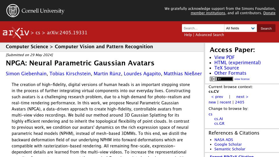 Screenshot of arxiv.org: NPGA: Neural Parametric Gaussian Avatars – high-fidelity digital faces