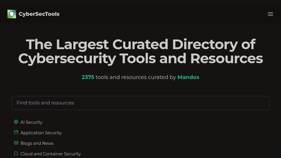 Screenshot of cybersectools.com: I created the largest curated directory of cybersecurity tools and resources