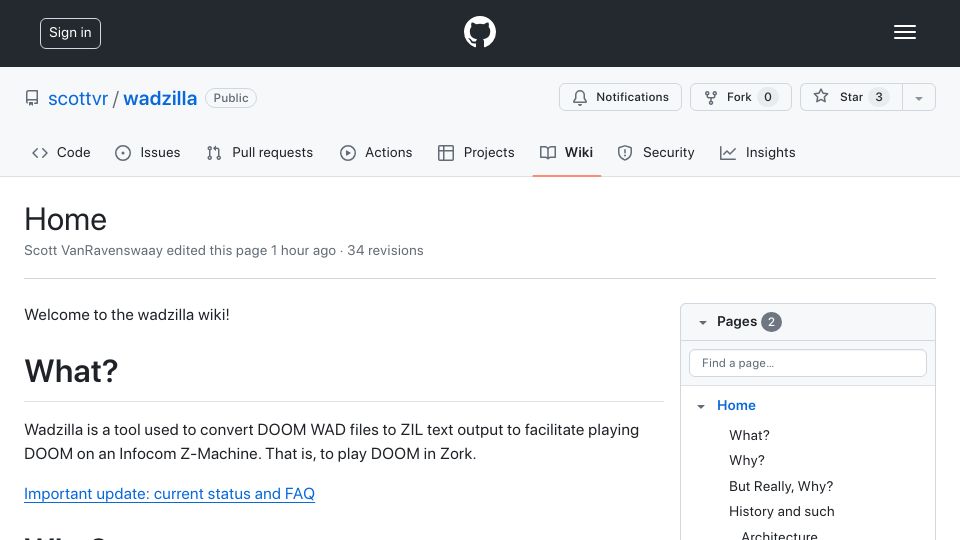 Screenshot of github.com: Show HN: Wadzilla. Play DOOM in Zork