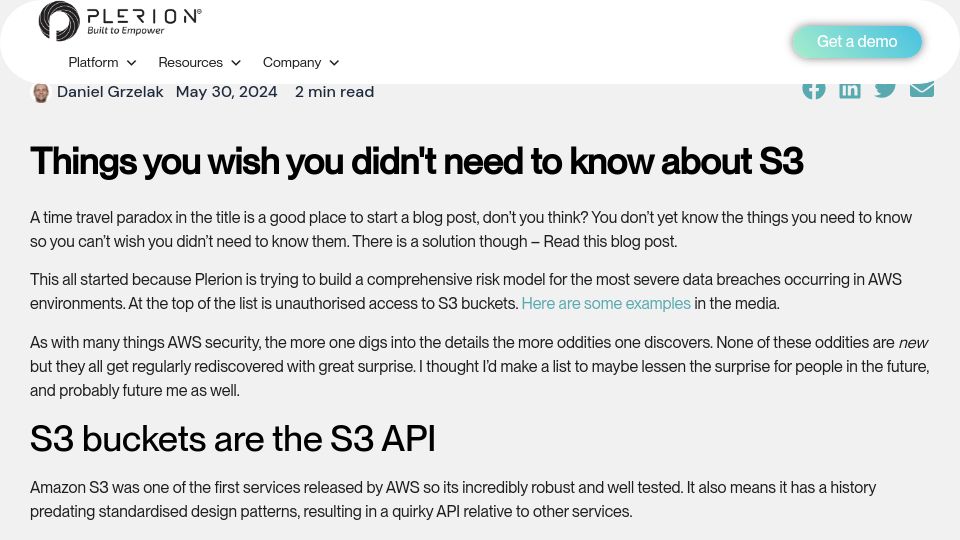 Screenshot of blog.plerion.com: Things you wish you didn't need to know about S3
