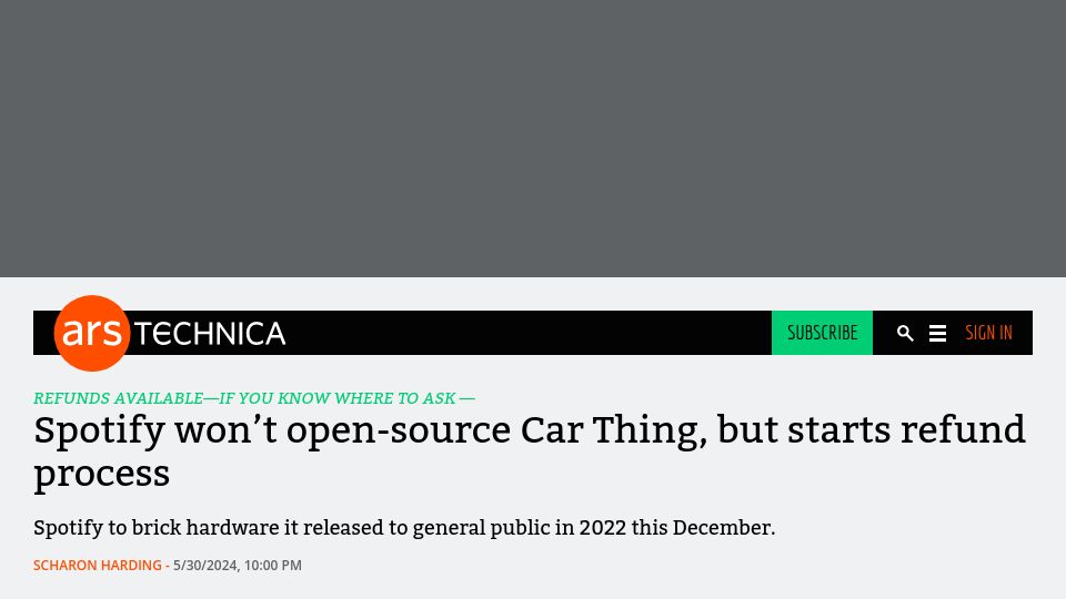 Screenshot of arstechnica.com: Spotify won't open-source Car Thing, but starts refund process