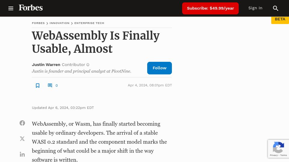 Screenshot of forbes.com: 'WebAssembly Is Finally Usable, Almost'