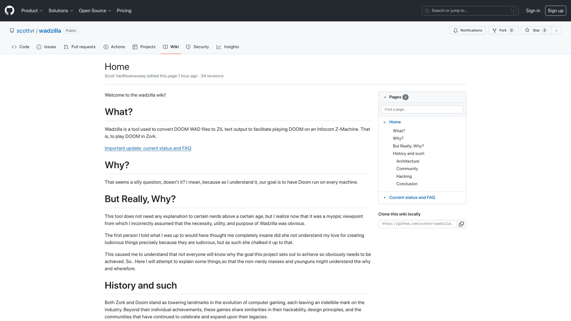 Screenshot of github.com: Show HN: Wadzilla. Play DOOM in Zork