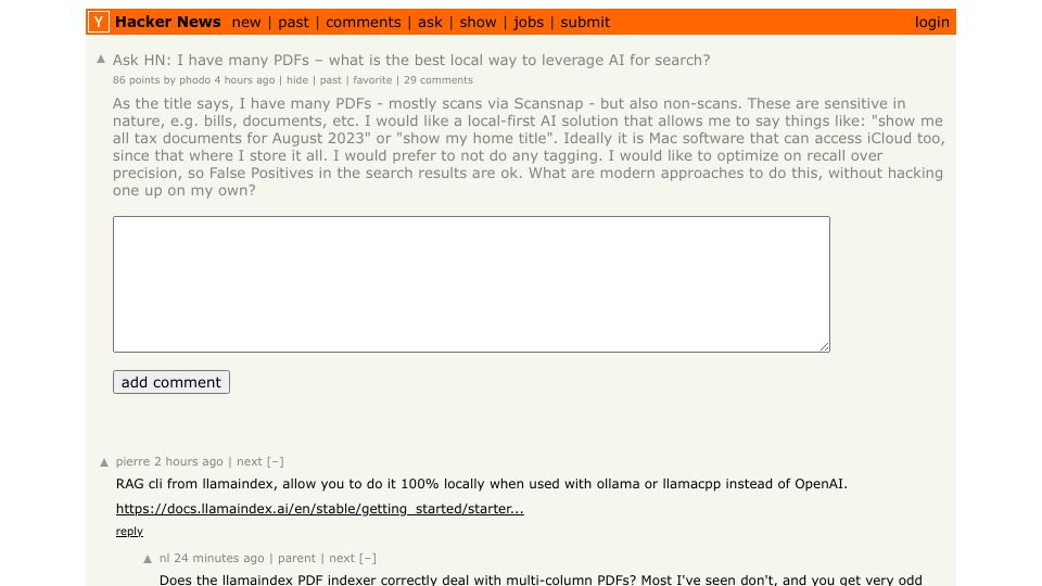 Screenshot of Hacker News post: Ask HN: I have many PDFs – what is the best local way to leverage AI for search?
