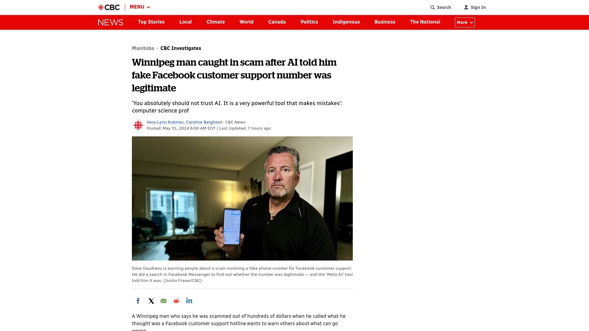 Screenshot of cbc.ca: Man scammed after AI told him fake Facebook customer support number was real