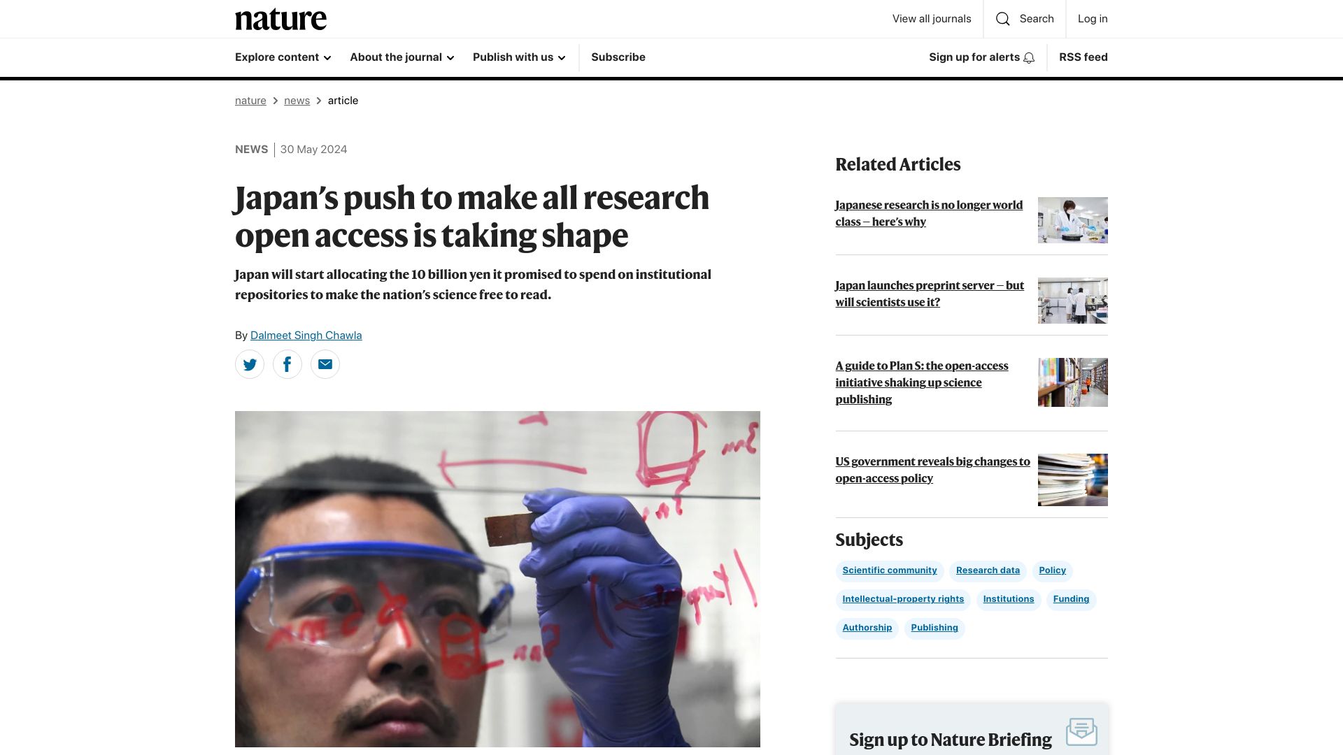Screenshot of nature.com: Japan's push to make all research open access
