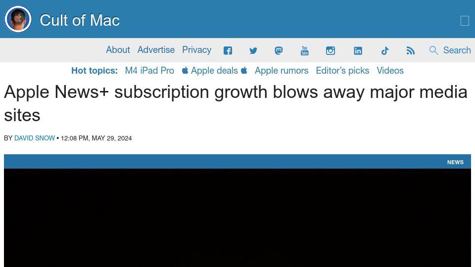Screenshot of cultofmac.com: Apple News+ subscription growth blows away major media sites