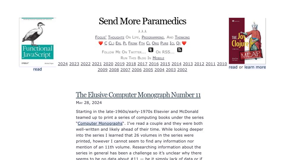 Screenshot of blog.fogus.me: The Elusive Computer Monograph Number 11