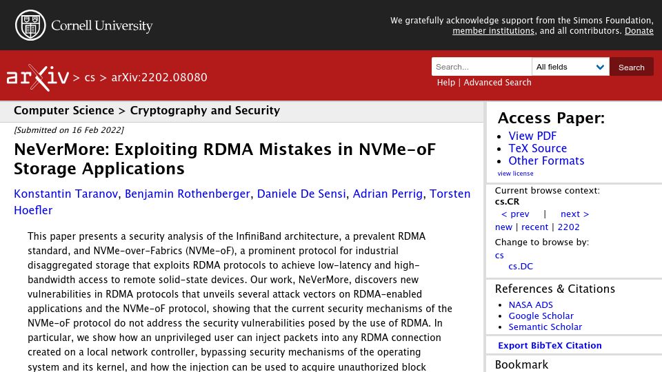Screenshot of arxiv.org: NeVerMore: Exploiting RDMA Mistakes in NVMe-Of Storage Applications (2022)