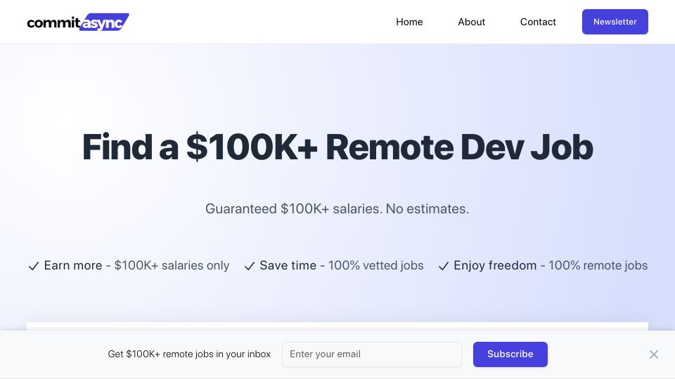 Screenshot of commitasync.com: Show HN: CommitAsync – $100K+ dev jobs 100% remote only