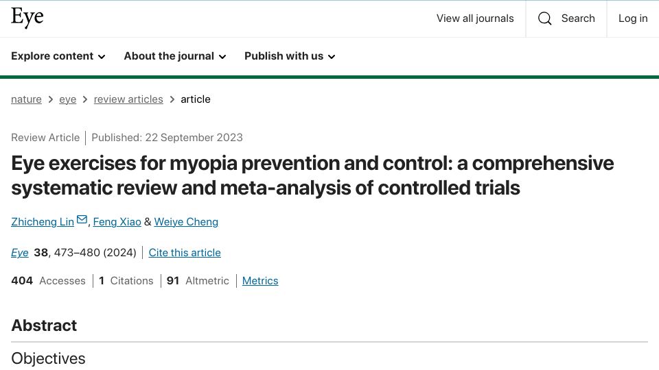 Screenshot of nature.com: Eye exercises for myopia prevention and control: comprehensive systematic review