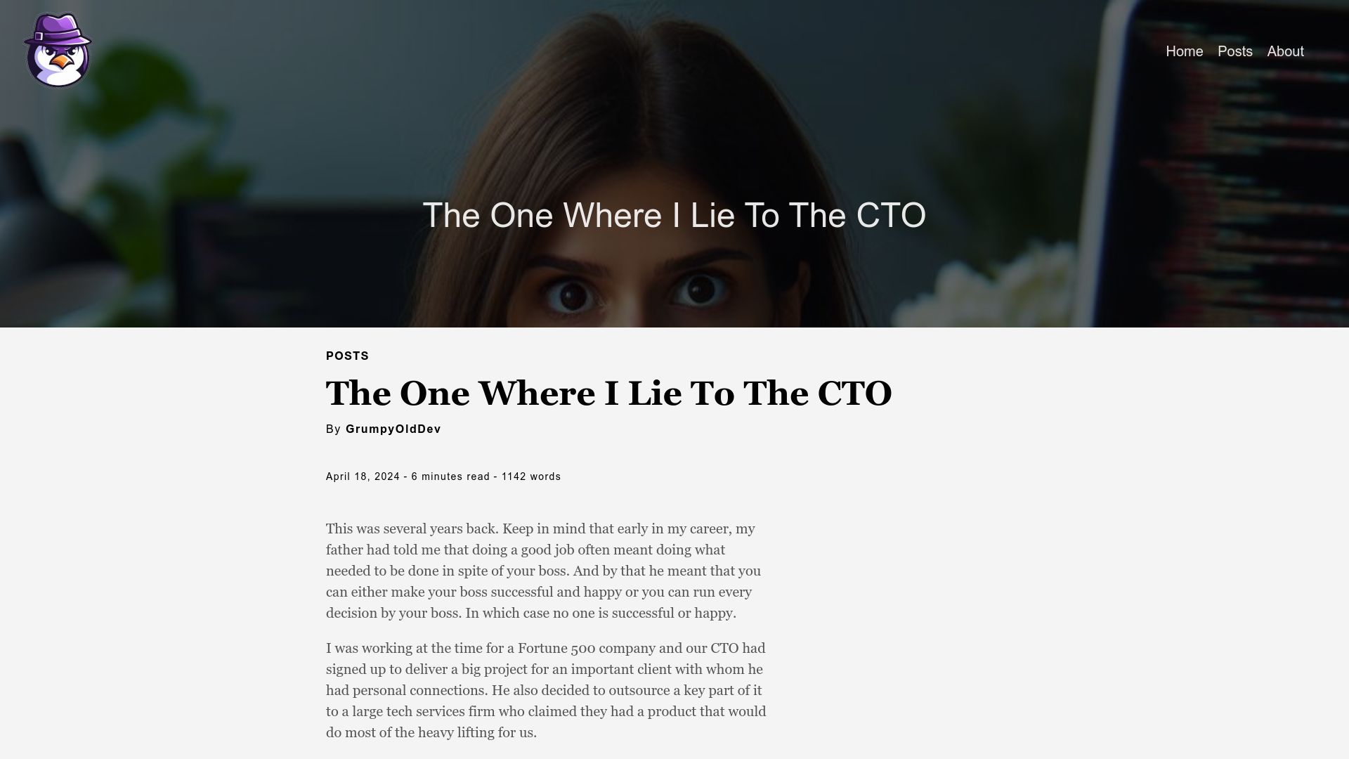 Screenshot of grumpyolddev.com: The Time I Lied to the CTO and Saved the Day