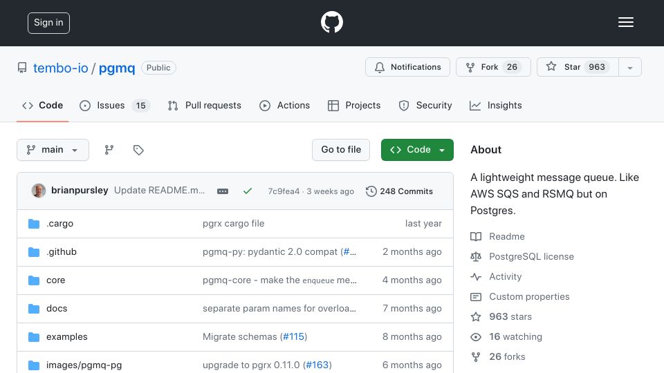 Screenshot of github.com: Show HN: An SQS Alternative on Postgres