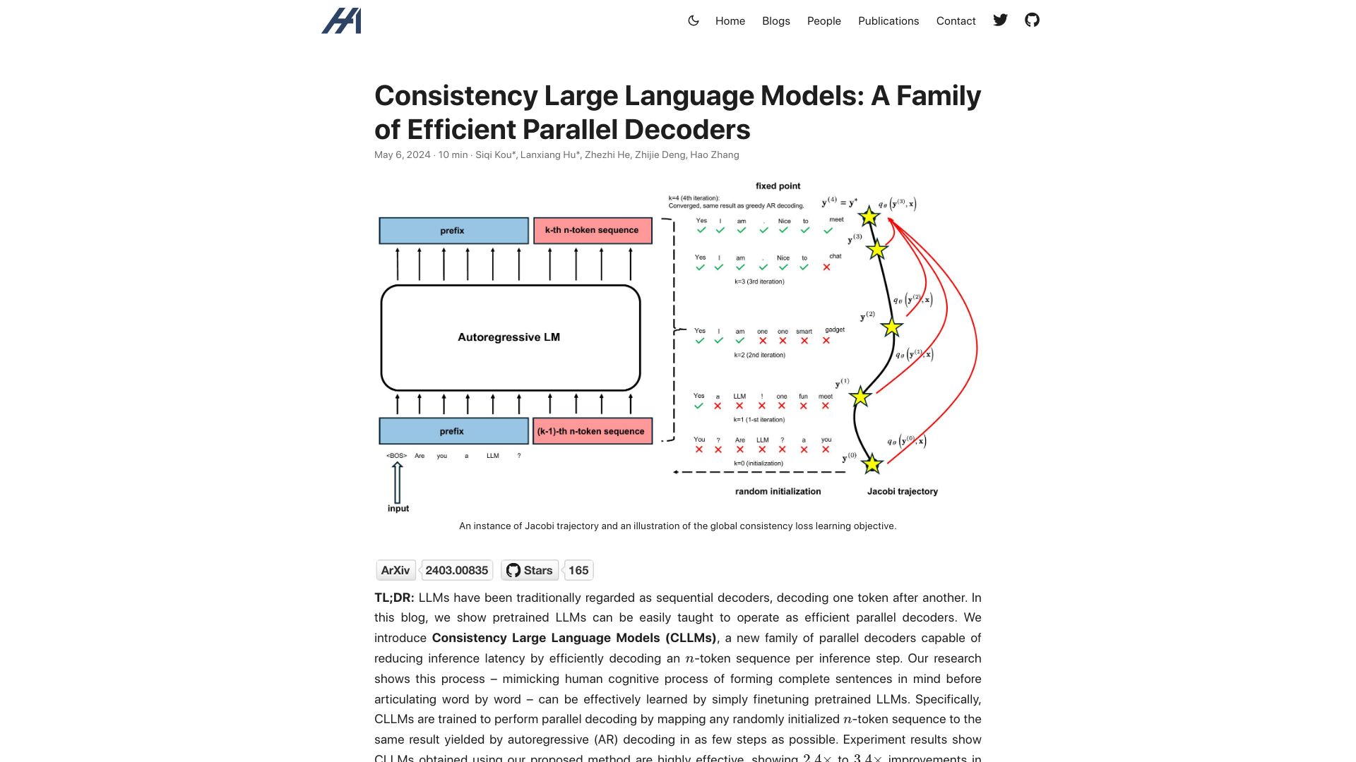 Screenshot of hao-ai-lab.github.io: Consistency LLM: converting LLMs to parallel decoders accelerates inference 3.5x