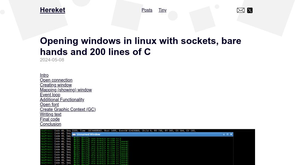 Screenshot of hereket.com: Opening Windows in Linux with sockets, bare hands and 200 lines of C
