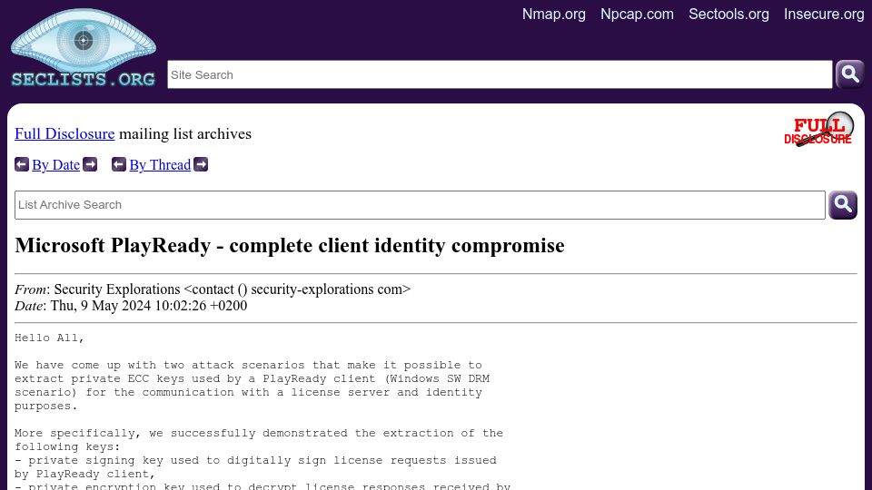 Screenshot of seclists.org: Microsoft PlayReady – Complete Client Identity Compromise