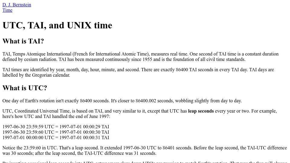 Screenshot of cr.yp.to: UTC, Tai, and Unix Time (2001)