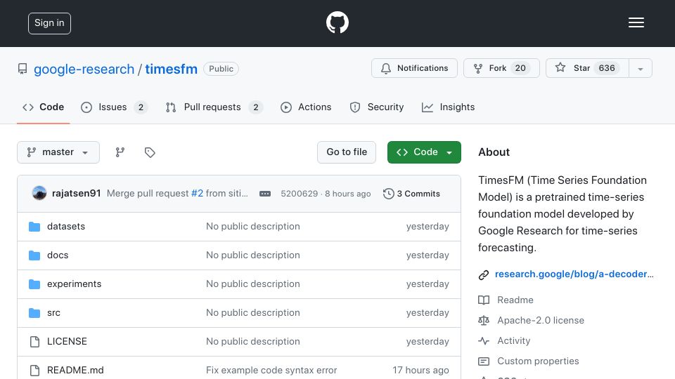 Screenshot of github.com: TimesFM: Time Series Foundation Model for time-series forecasting
