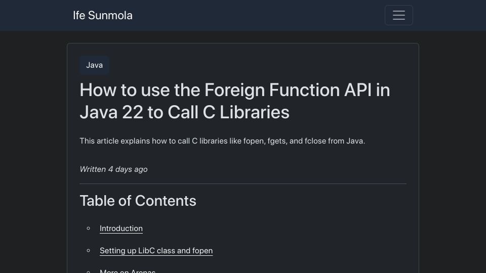 Screenshot of ifesunmola.com: How to Use the Foreign Function API in Java 22 to Call C Libraries