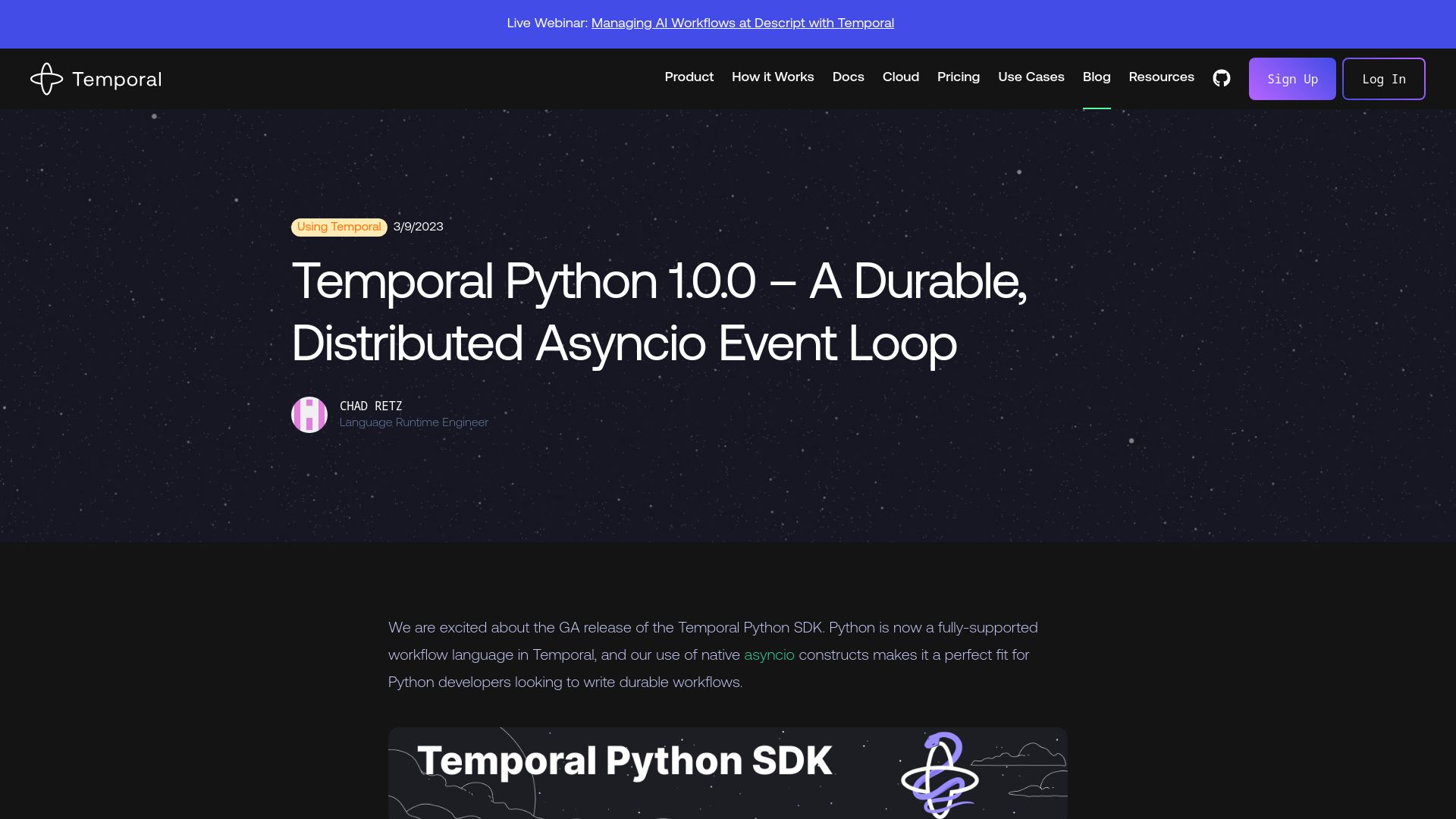 Screenshot of temporal.io: Temporal Python – A durable, distributed asyncio event loop (2023)