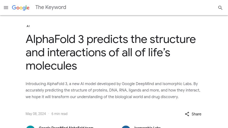 Screenshot of blog.google: AlphaFold 3 predicts the structure and interactions of life's molecules