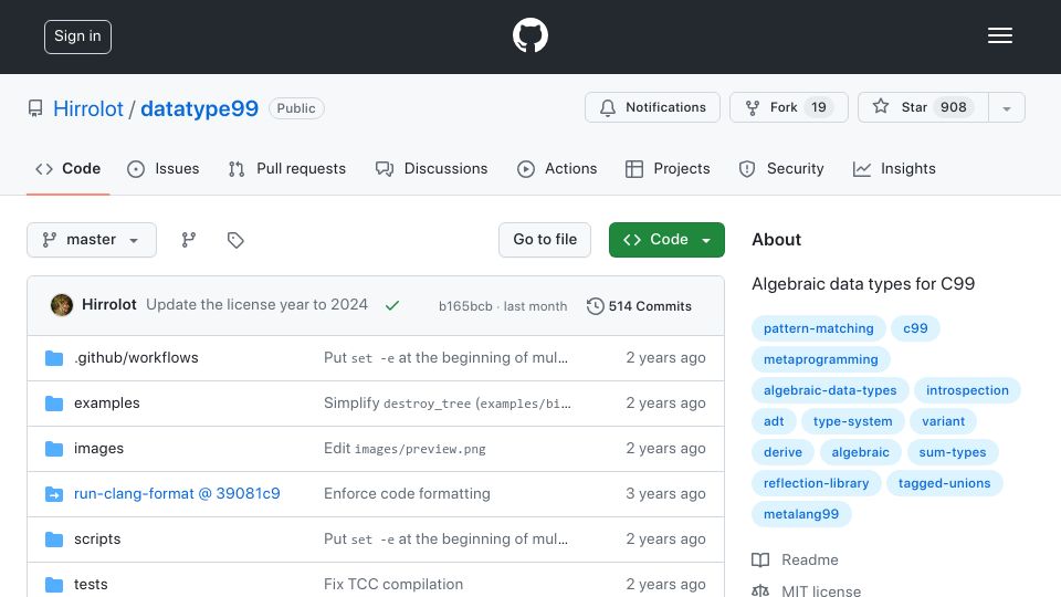 Screenshot of github.com: Algebraic Data Types for C99