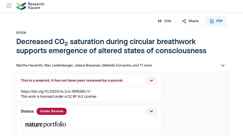 Screenshot of researchsquare.com: Breathwork supports emergence of altered states of consciousness
