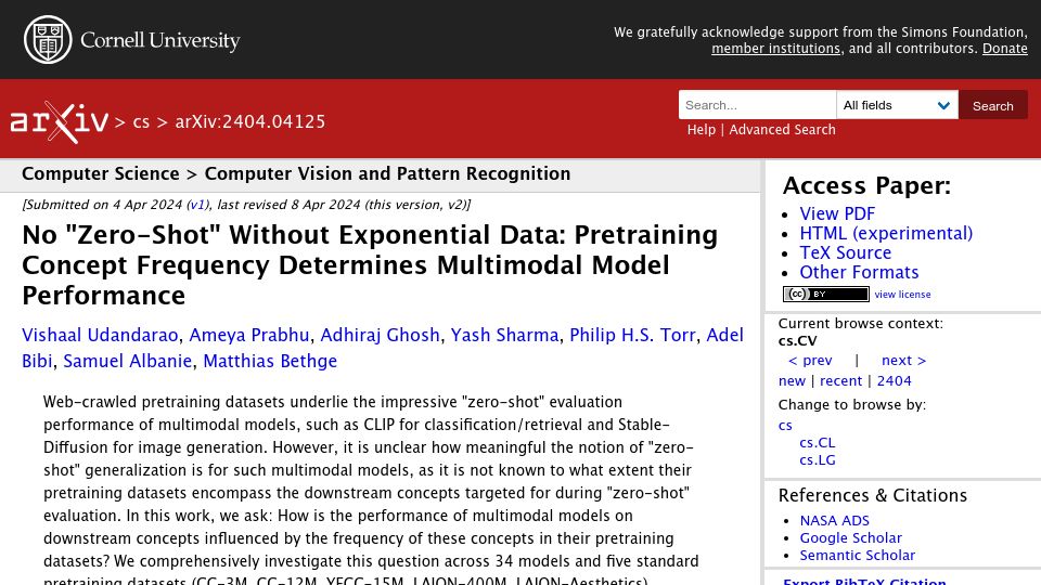 Screenshot of arxiv.org: No "Zero-Shot" Without Exponential Data